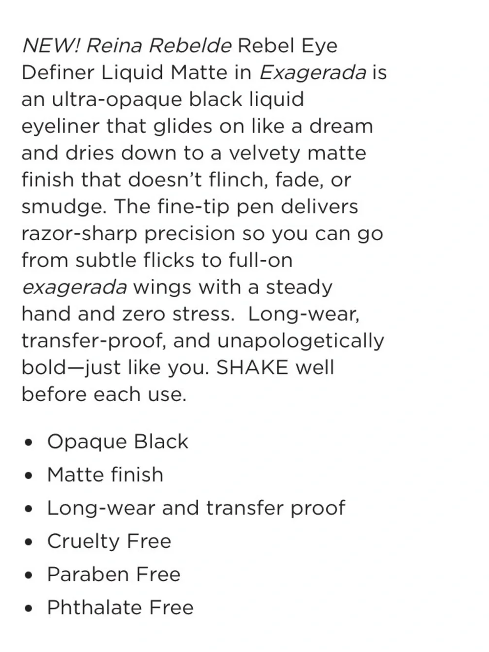 NEW Reina Rebelde Rebel Eye Definer Black Liquid Matte Eyeliner, Exagerada